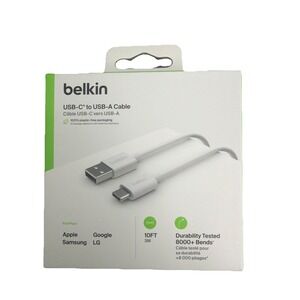 Belkin USB-C to USB-A White Cable (3M /10ft) for Apple/Samsung/Google/LG . New